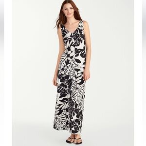 Tommy Bahama Leaf Relief Black and Ivory Floral Linen Bland Maxi Dress Size: M